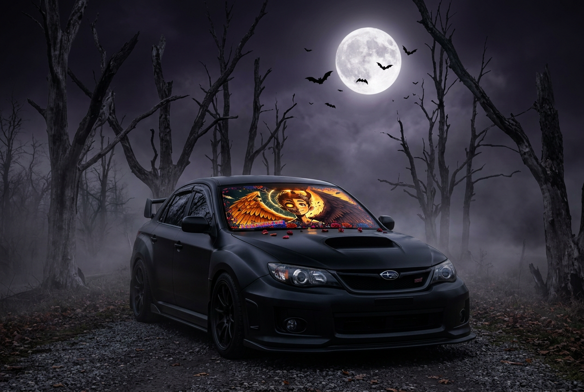 A black Subaru sedan parked in a misty, bare-tree forest at night under a full moon, with a large colorful graphic print displayed across the windshield.