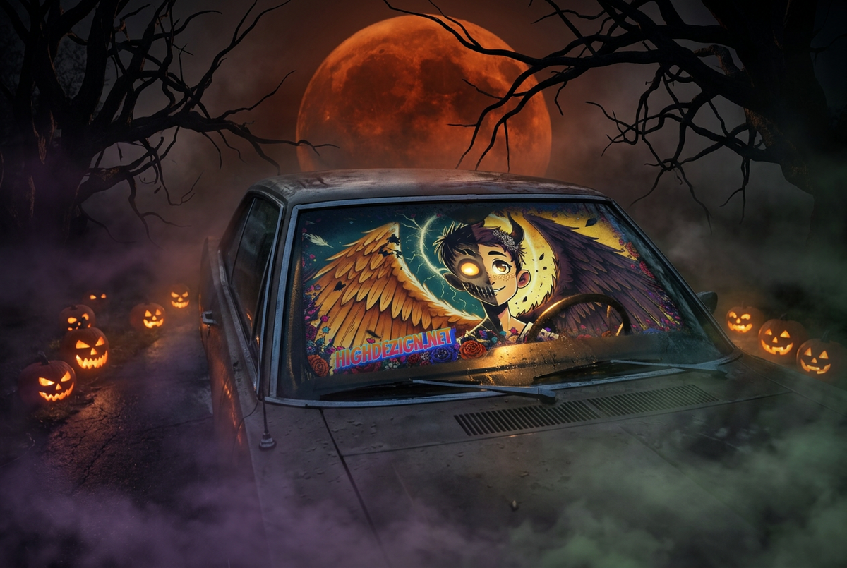 A vintage car in a spooky Halloween scene with a large orange moon, bare trees, fog, and jack-o'-lanterns. The windshield features a large, colorful fantasy illustration of a winged character with glowing eyes and the text 'DEMON SAGA'.