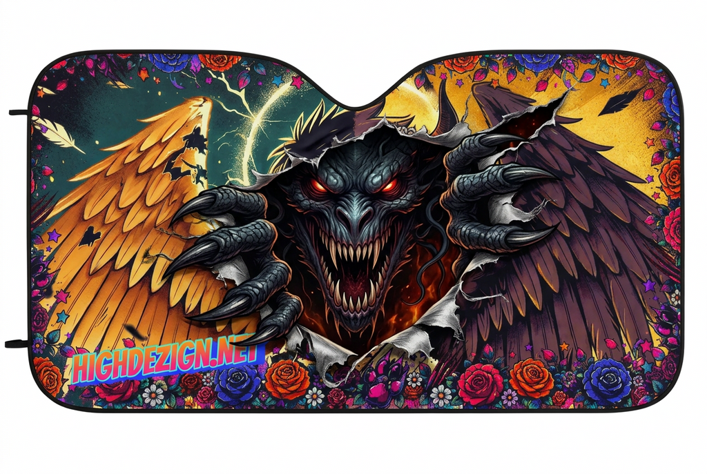 A car sun shade featuring a highly detailed graphic print of a dark, winged monster tearing through a wall of flowers and feathers, with a bright yellow sunburst behind it. The text 'HIGHDESIGNS.