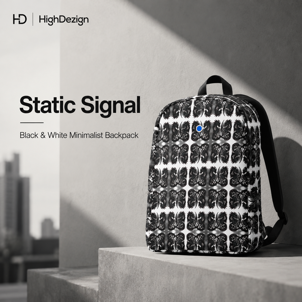 A black and white patterned backpack with a small blue heart detail, displayed on a concrete ledge in a minimalist urban setting. The image features text overlays reading 'HighDesign', 'Static Signal', and 'Black & White Minimalist Backpack'.