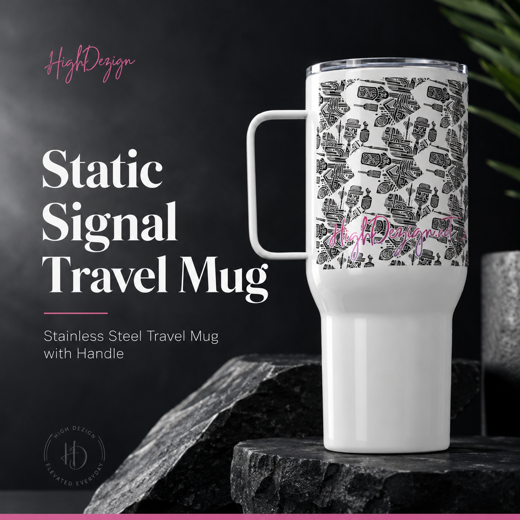 A white stainless steel travel mug with a black line-art pattern of coffee and tea tools, featuring a clear lid and handle. The mug is displayed on dark rocks against a dark background with promotional text on the left.
