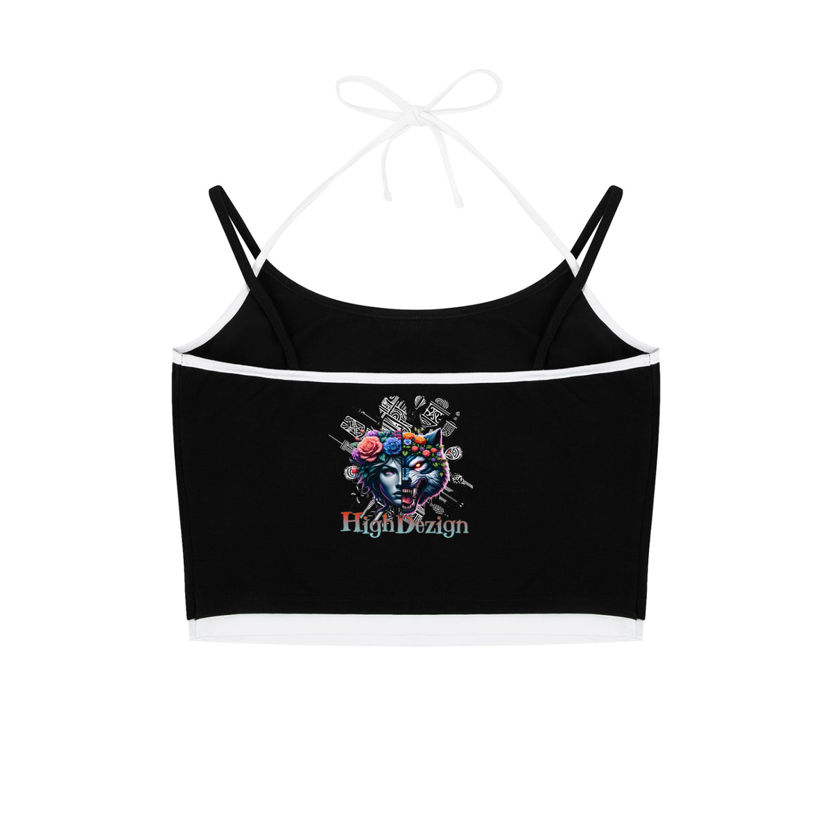 Black crop top with a colorful graphic design on a white background