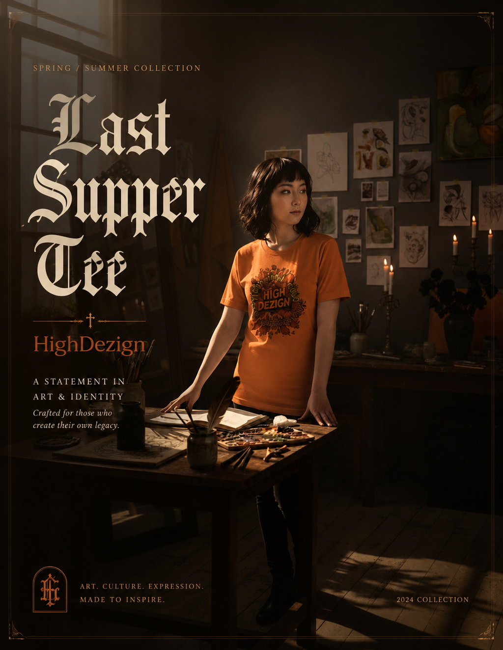 A woman stands in a dimly lit art studio wearing an orange graphic T-shirt with a black illustration and the words 'High Design.' Large decorative text on the left reads 'Last Supper Tee' and 'HighDesign.
