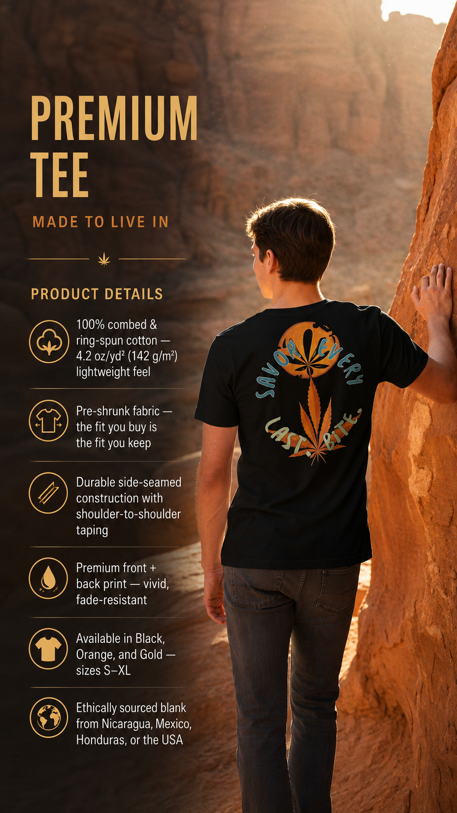 A person standing outdoors in a desert canyon wearing a black T-shirt from the back, which features a large orange and green floral graphic. The left side of the image contains promotional text detailing the product's features and materials.