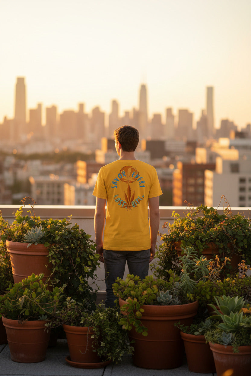 A man stands on a rooftop terrace at sunset, viewed from behind, wearing a bright yellow t-shirt with a large graphic print on the back. The background features a blurred city skyline and numerous potted plants in terracotta pots.