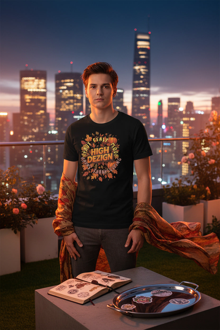 A man stands on a rooftop terrace at dusk wearing a black graphic t-shirt with a colorful autumn-themed design that reads 'HIGH DEZIGN'. He has a matching orange and brown patterned scarf draped over his shoulders.
