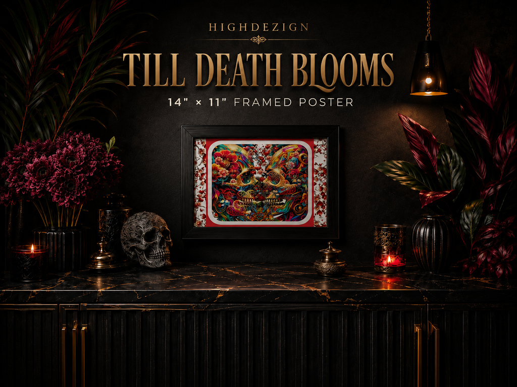 A framed art print titled 'Till Death Blooms' by HighDezign, featuring a colorful gothic illustration of a skull, displayed on a dark marble console table with candles, a skull decor piece, and dark foliage against a dark wall.