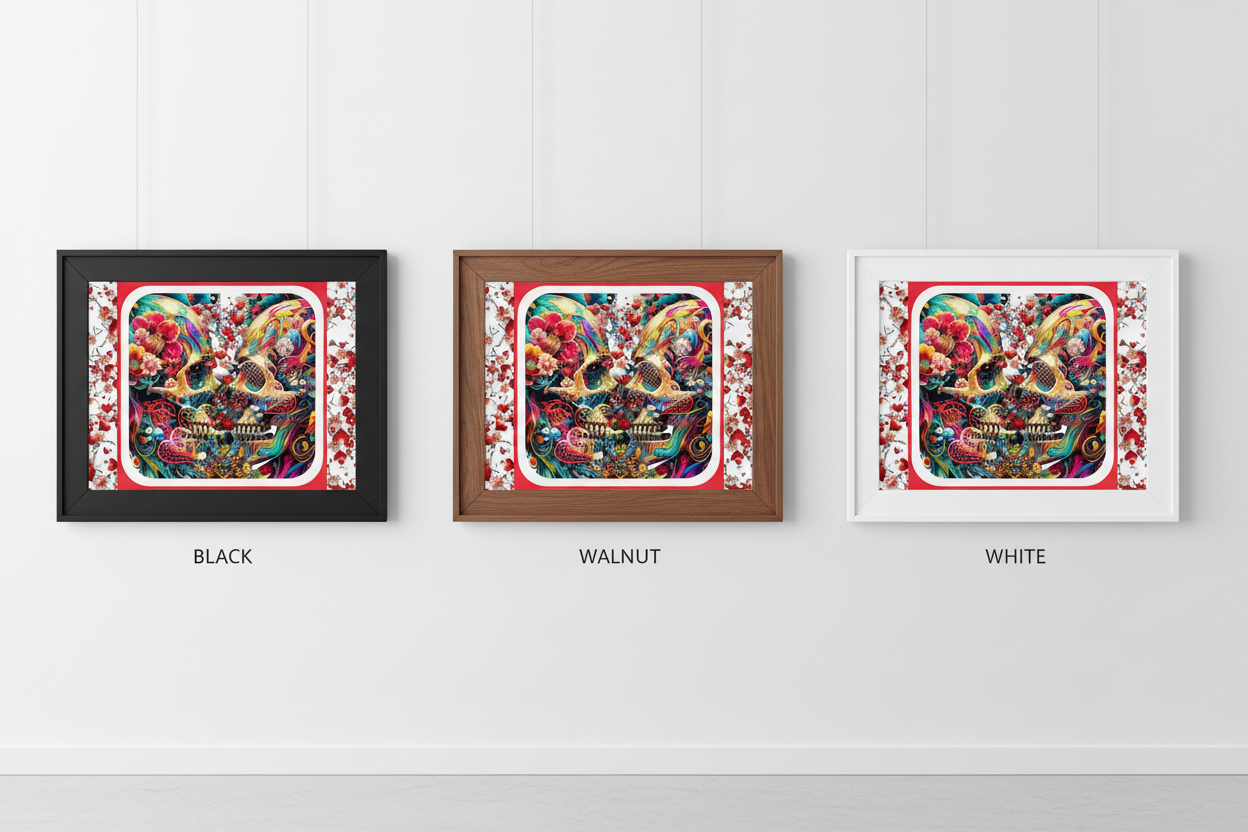 Three framed art prints are displayed side by side on a white wall, labeled BLACK, WALNUT, and WHITE. Each print features a colorful, stylized sugar skull illustration surrounded by red and white floral patterns, set in different frame styles.
