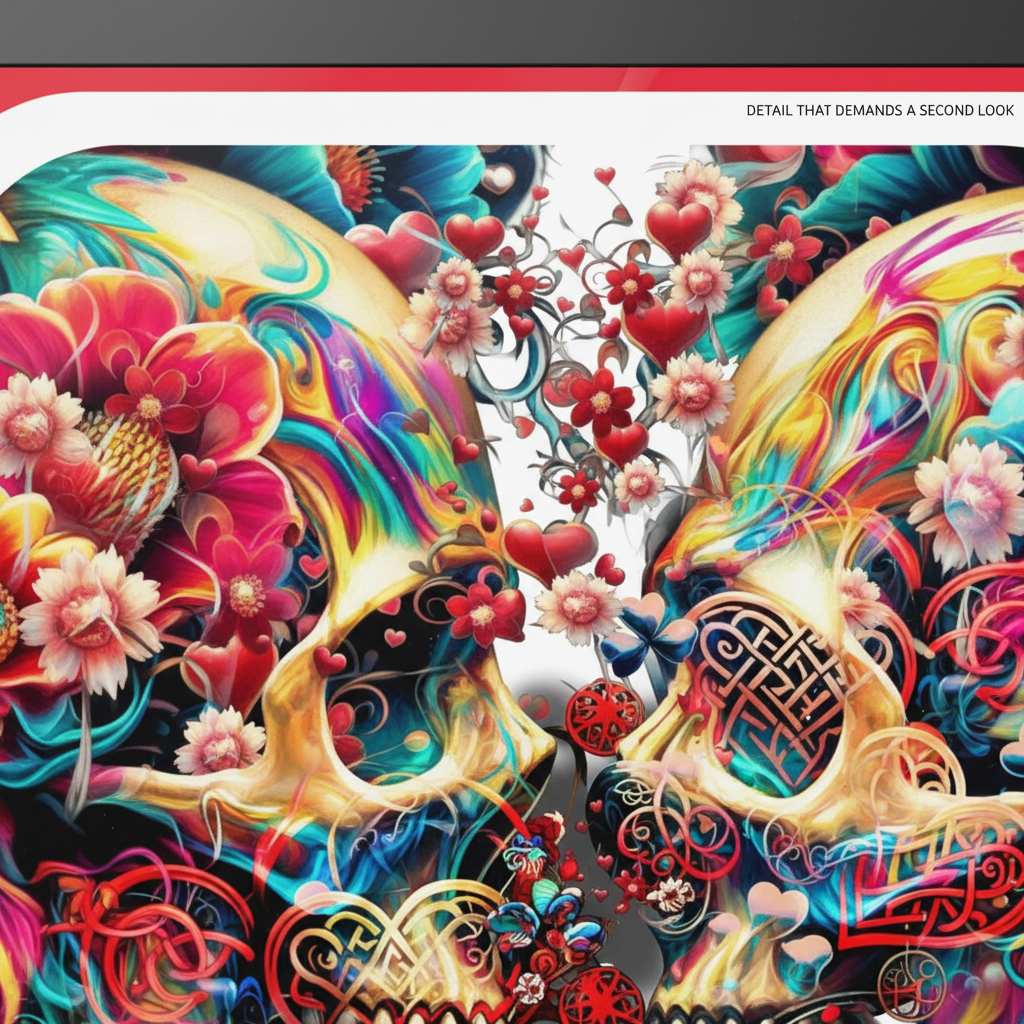 A highly detailed, colorful graphic design featuring two stylized skulls surrounded by vibrant flowers, hearts, and swirling decorative patterns on a dark background.