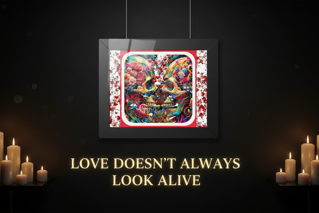 A framed colorful skull artwork hangs on a dark wall above the text 'LOVE DOESN'T ALWAYS LOOK ALIVE,' with lit candles placed on both sides.