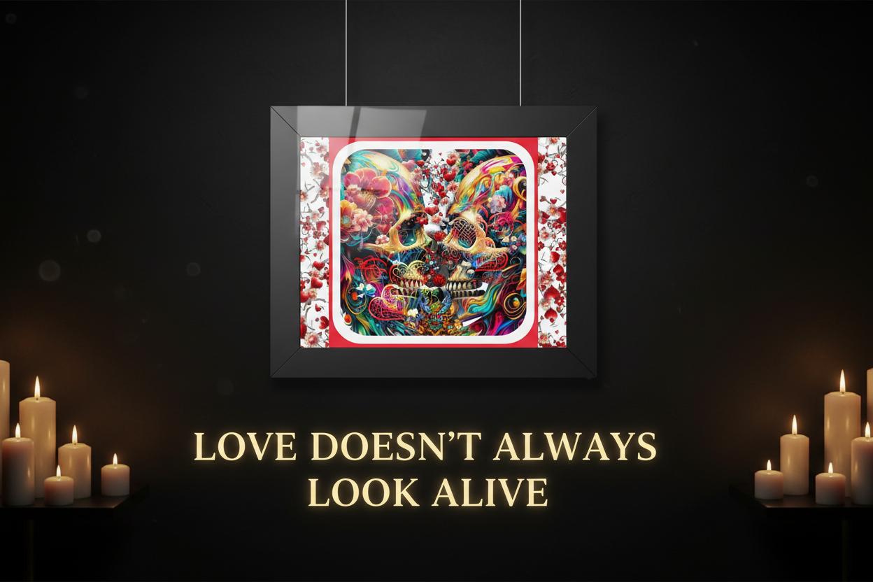A framed colorful skull artwork hangs on a dark wall above the text 'LOVE DOESN'T ALWAYS LOOK ALIVE,' with lit candles placed on both sides.
