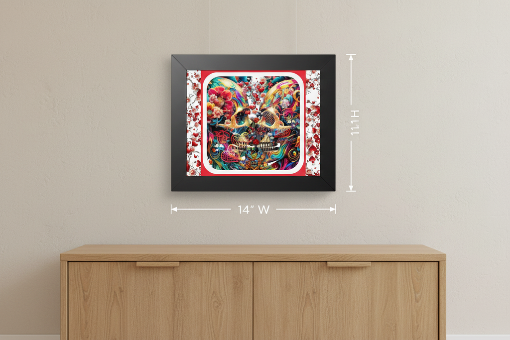 A framed colorful skull artwork hanging on a light beige wall above a light wood cabinet, with white dimension lines showing 14 inches wide and 113 inches high.