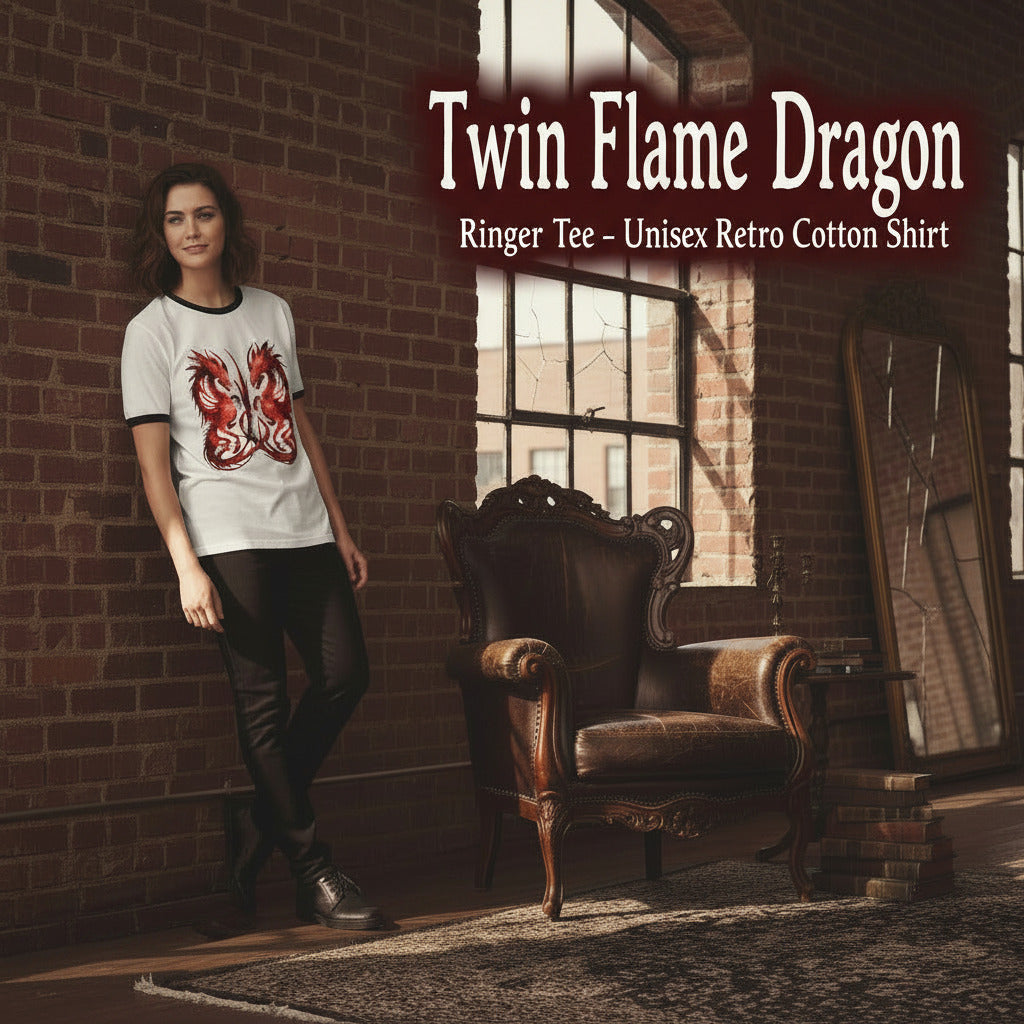 A woman stands in a brick room wearing a white Ringer Tee with a red twin dragon graphic, next to a dark leather armchair. Text at the top reads 'Twin Flame Dragon' and 'Ringer Tee - Unisex Retro Cotton Shirt'.