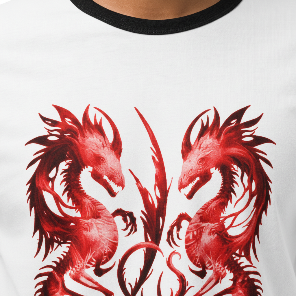 White ringer t-shirt with a black ribbed collar, featuring a graphic print of two red dragons facing each other on the front.
