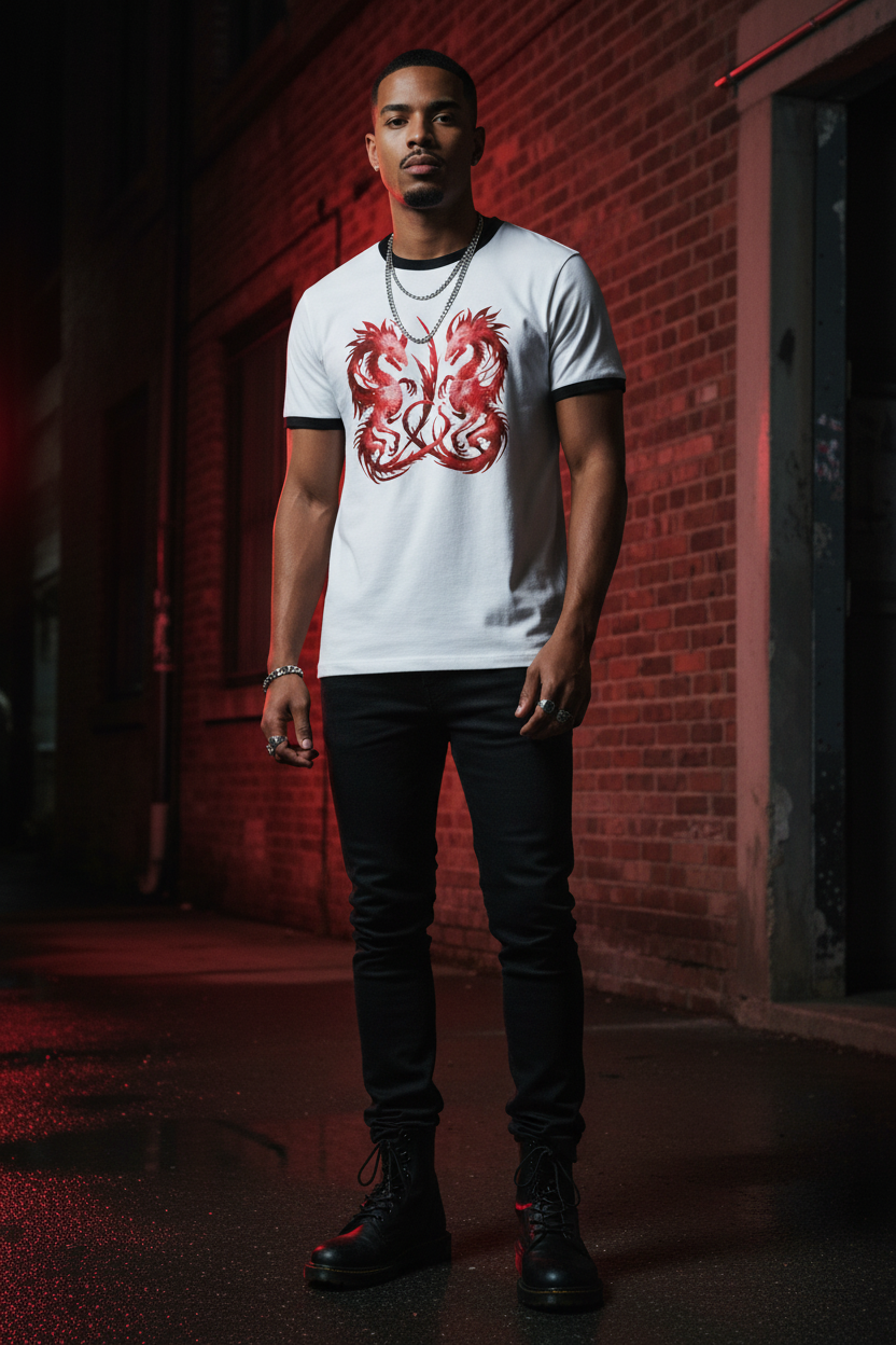 A man wearing a white t-shirt with a red dragon graphic, black pants, and black boots, standing in front of a brick wall at night with dramatic red lighting.