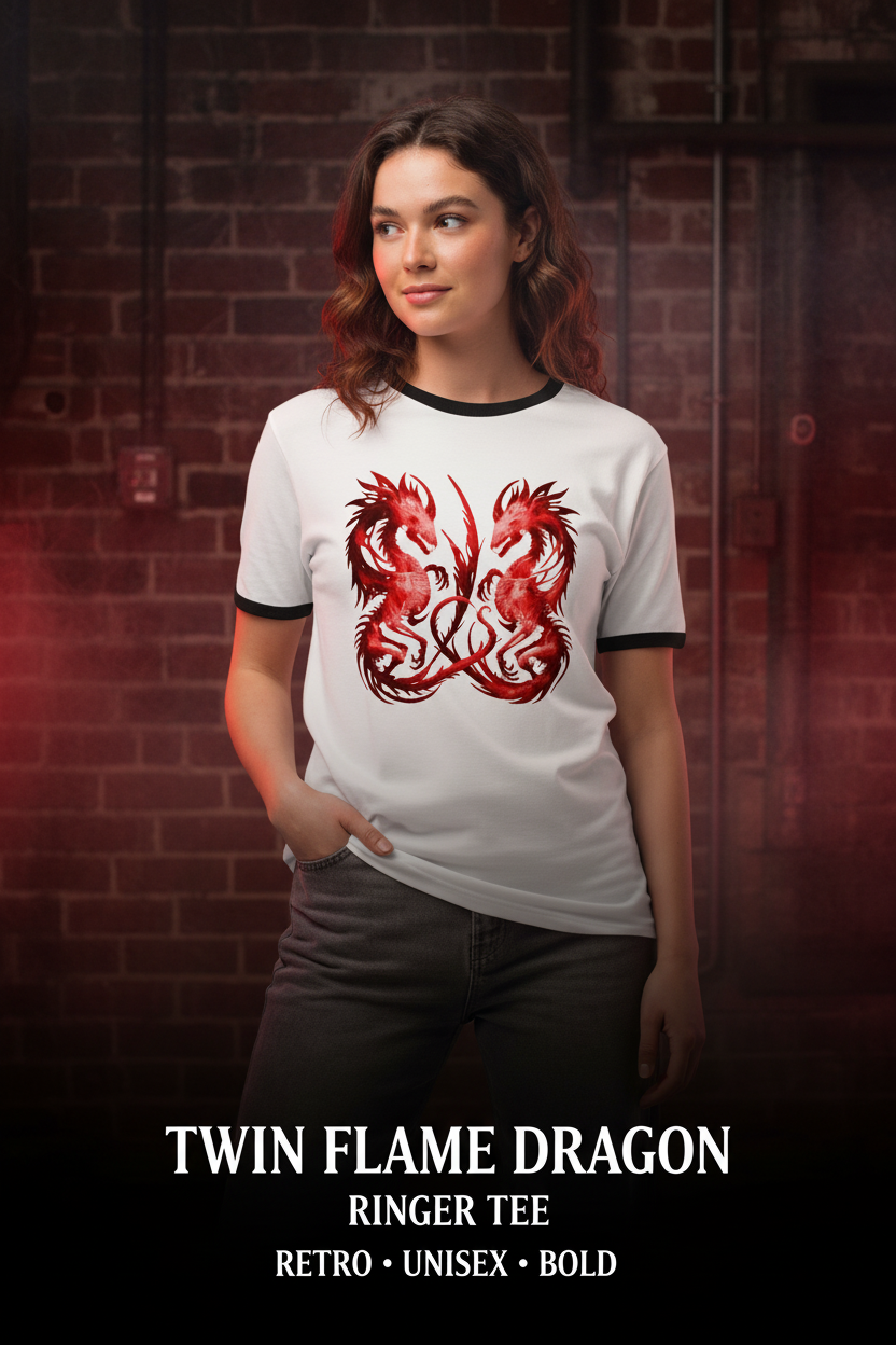 A woman modeling a white ringer T-shirt with black trim and a large red and black twin flame dragon graphic on the front, set against a dark brick wall background with text at the bottom reading 'TWIN FLAME DRAGON RINGER TEE RETRO UNISEX BOLD'.