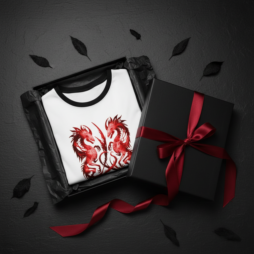 A folded white ringer T-shirt with a black collar and a red dragon graphic on the front, displayed in an open black gift box next to a black gift box tied with a red ribbon, on a dark textured background with scattered black leaves.