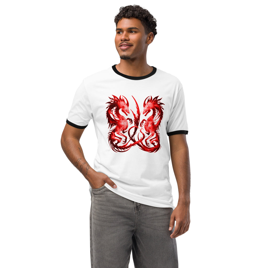 Man wearing a white t-shirt with red dragon design on a white background