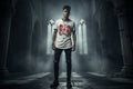 Person wearing a white t-shirt with a red graphic design in a dark, cathedral-like setting