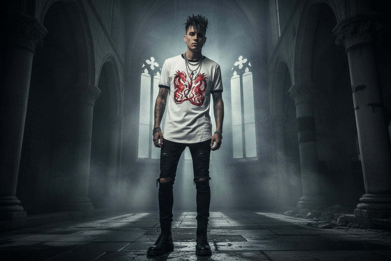 Person wearing a white t-shirt with a red graphic design in a dark, cathedral-like setting
