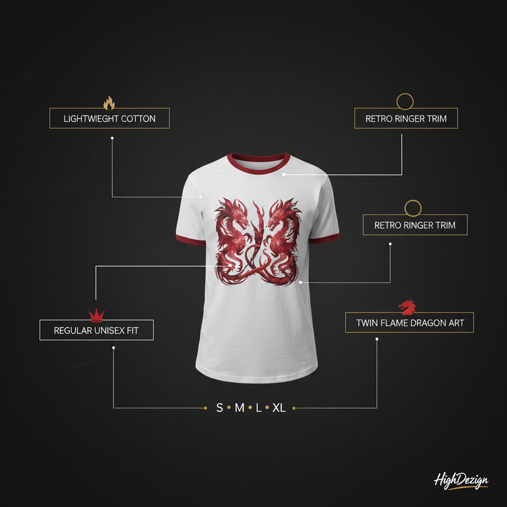 White ringer t-shirt with red trim and a red twin flame dragon graphic, surrounded by feature callouts on a dark background.
