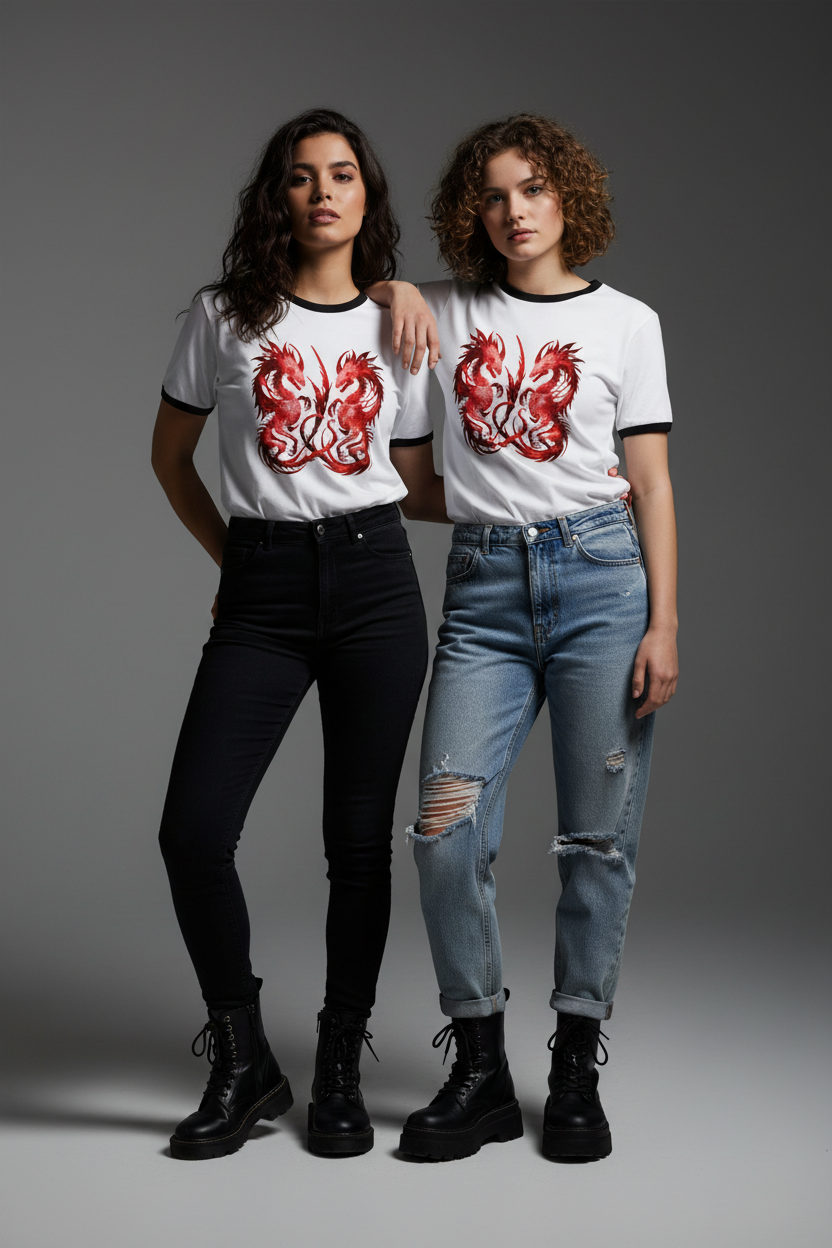 Two women modeling matching white ringer T-shirts with black trim and a large red dragon graphic on the front, styled with black pants and distressed blue jeans against a dark gray studio background.