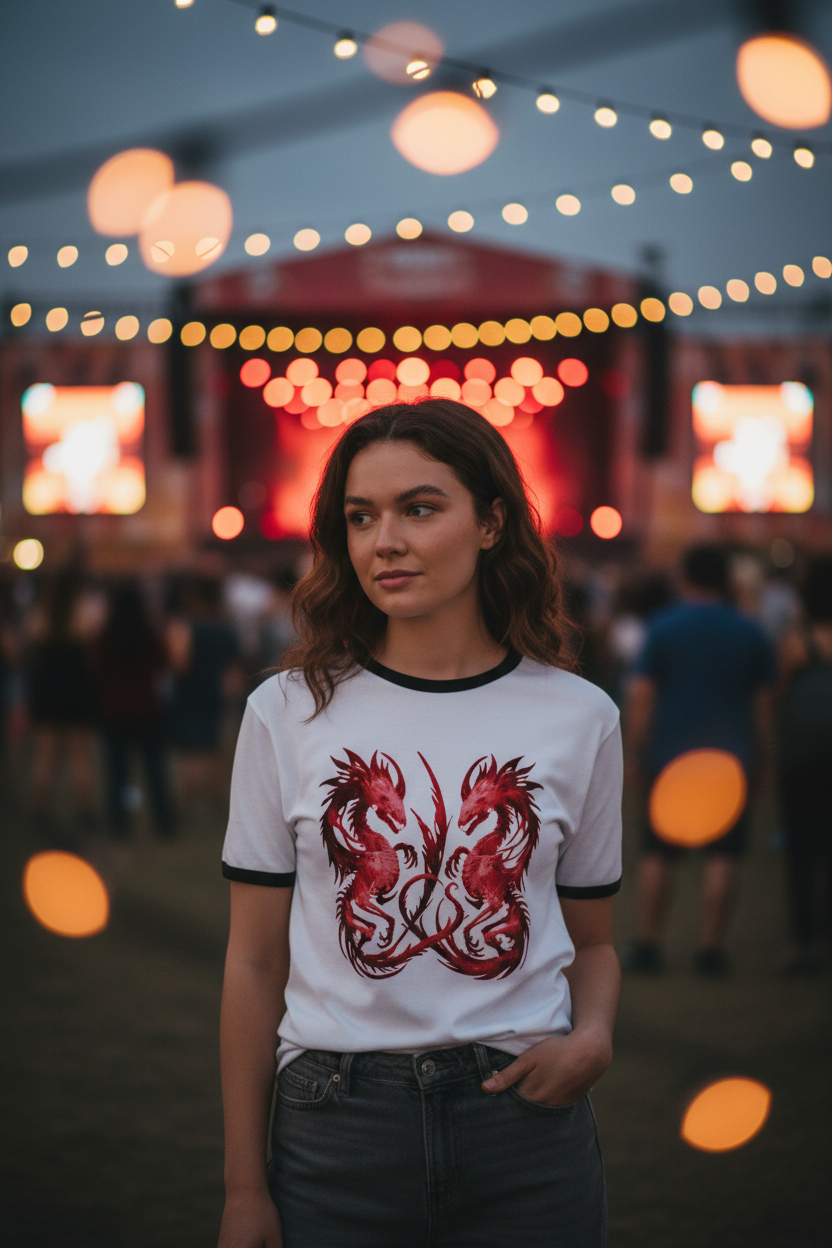 A woman stands outdoors at a festival or concert venue wearing a white ringer T-shirt with black trim and a red dragon graphic on the front, paired with dark gray jeans.