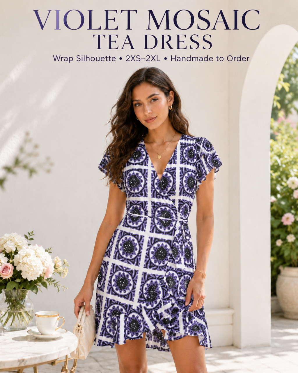 A woman modeling a short wrap-style dress with a blue and white geometric mosaic pattern, standing in a bright white arched doorway. Text at the top reads 'VIOLET MOSAIC TEA DRESS' with size and customization details.