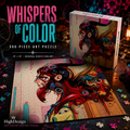 A 500-piece art puzzle box and completed puzzle displayed on a dark tabletop with scattered puzzle pieces. The artwork features a stylized portrait with vivid red, pink, blue, yellow, and orange tones.