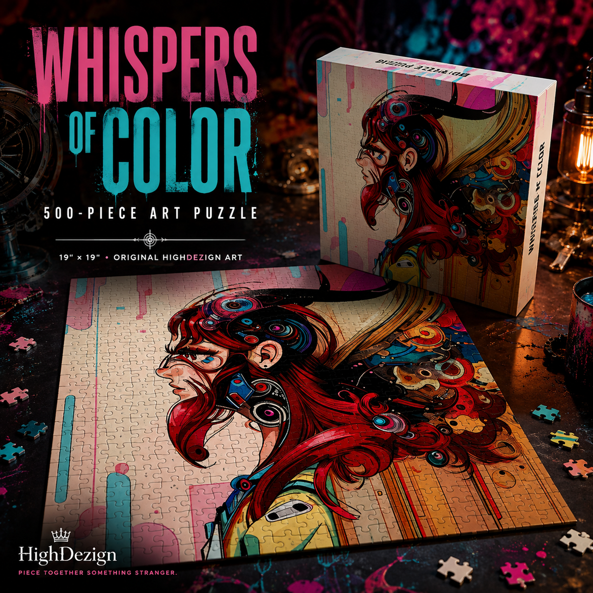 A 500-piece art puzzle box and completed puzzle displayed on a dark tabletop with scattered puzzle pieces. The artwork features a stylized portrait with vivid red, pink, blue, yellow, and orange tones.