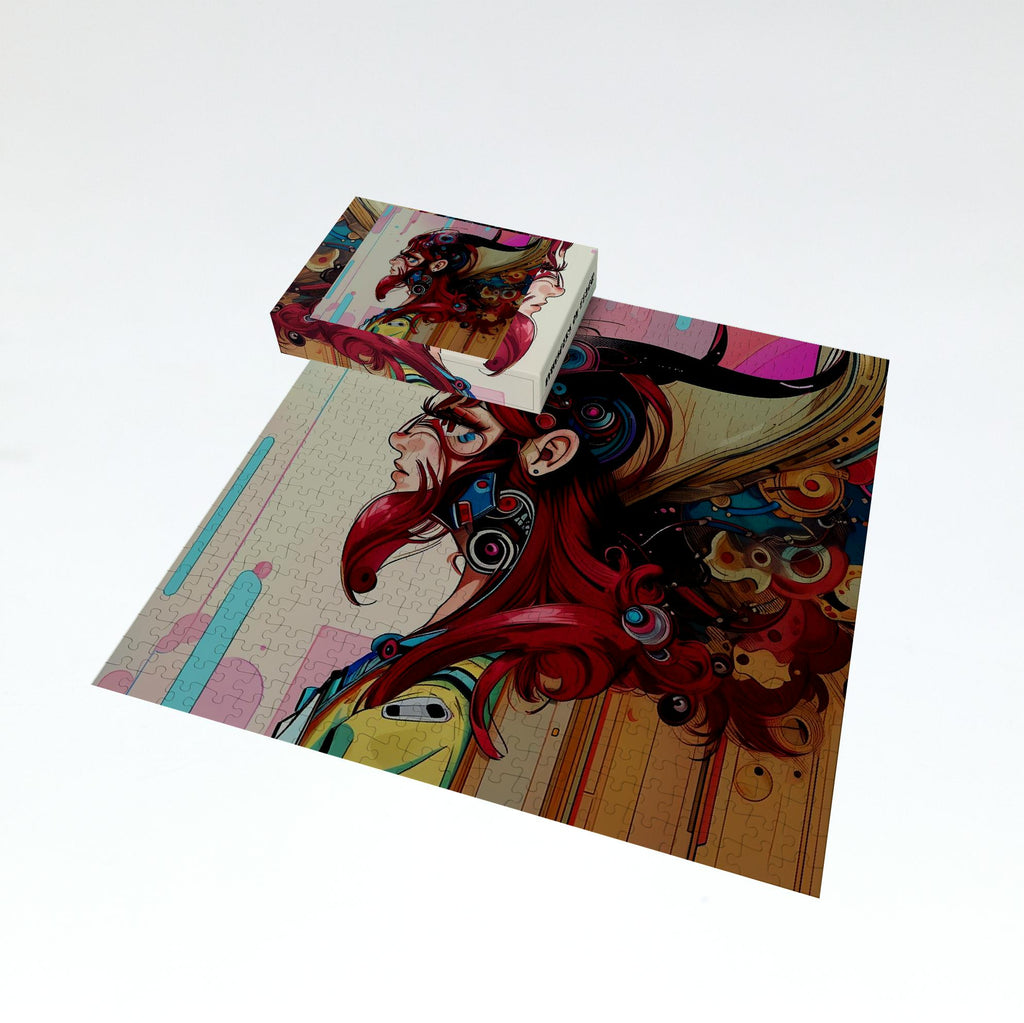 A colorful printed art print or poster showing an illustrated figure with long red hair, displayed on a clean white background with a matching folded piece placed above it.