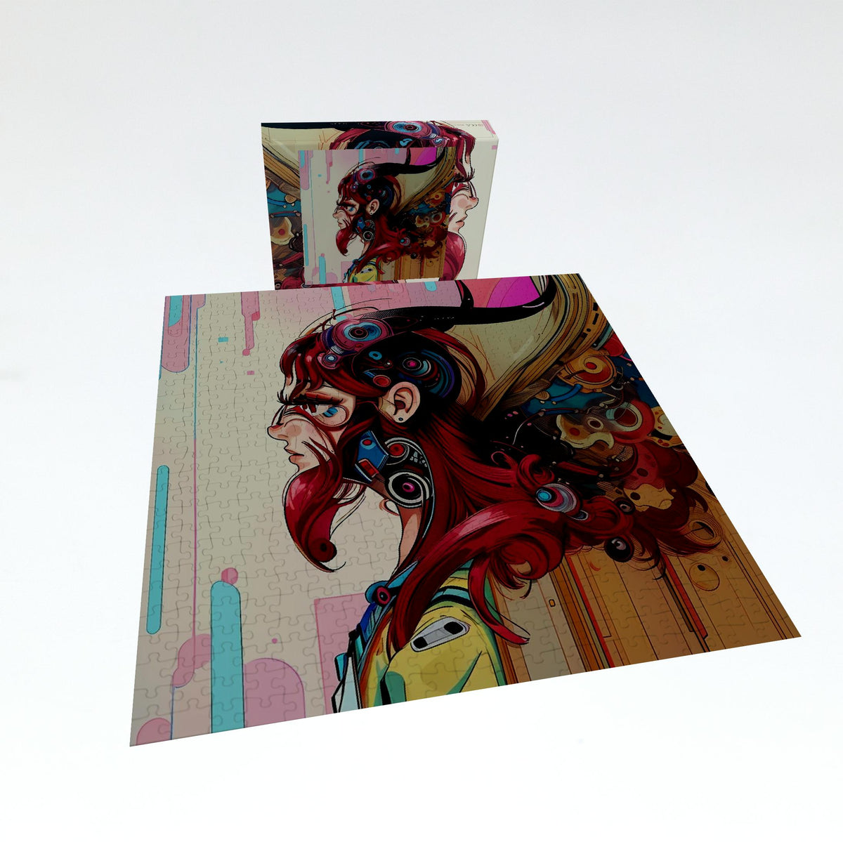 A colorful jigsaw puzzle featuring a stylized portrait of a woman with long red hair and abstract paint splatters, shown both flat and standing in its box on a white background.