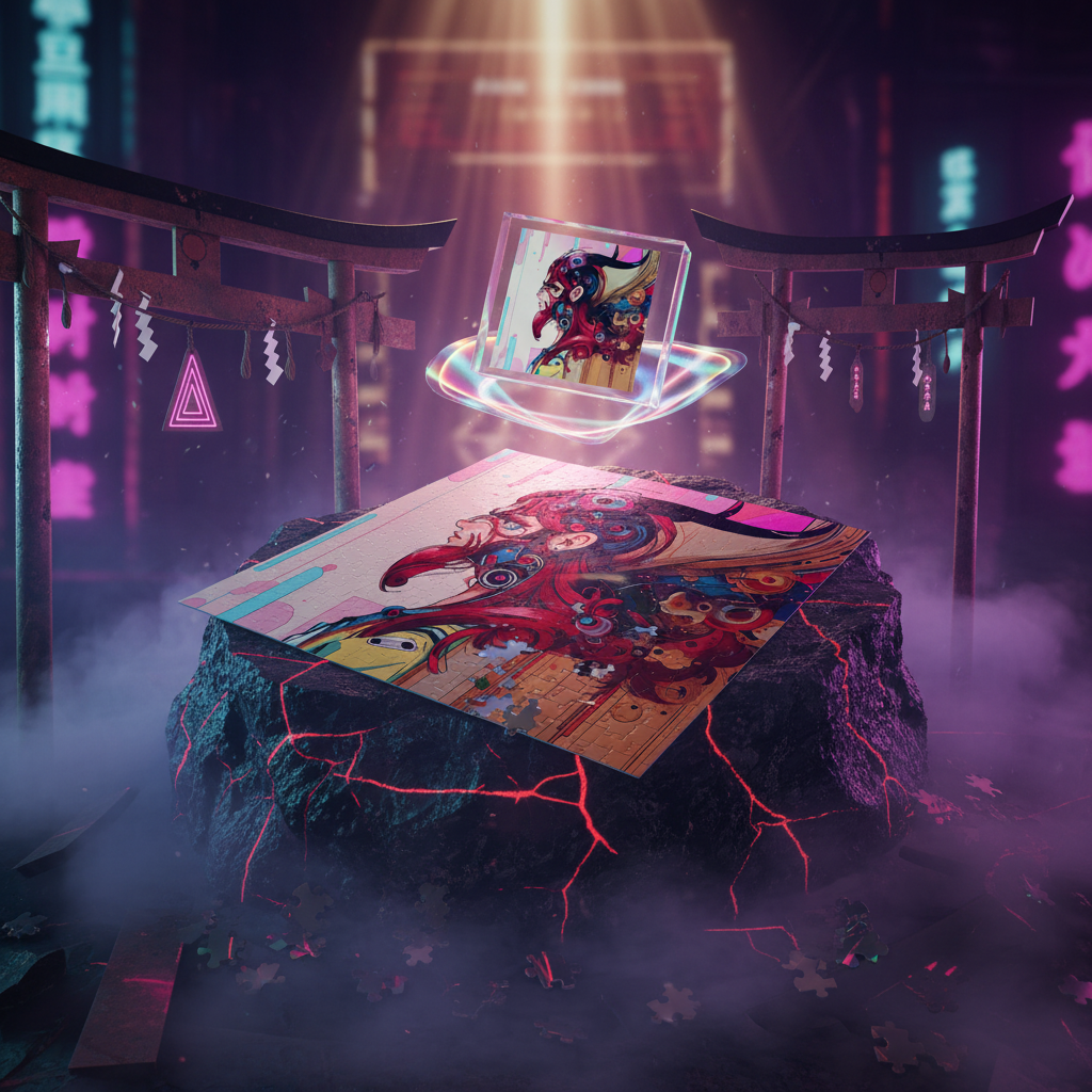 A stylized digital scene showing a colorful illustrated card or poster floating above a dark rock formation in a misty, neon-lit environment with torii gates and glowing pink signage.