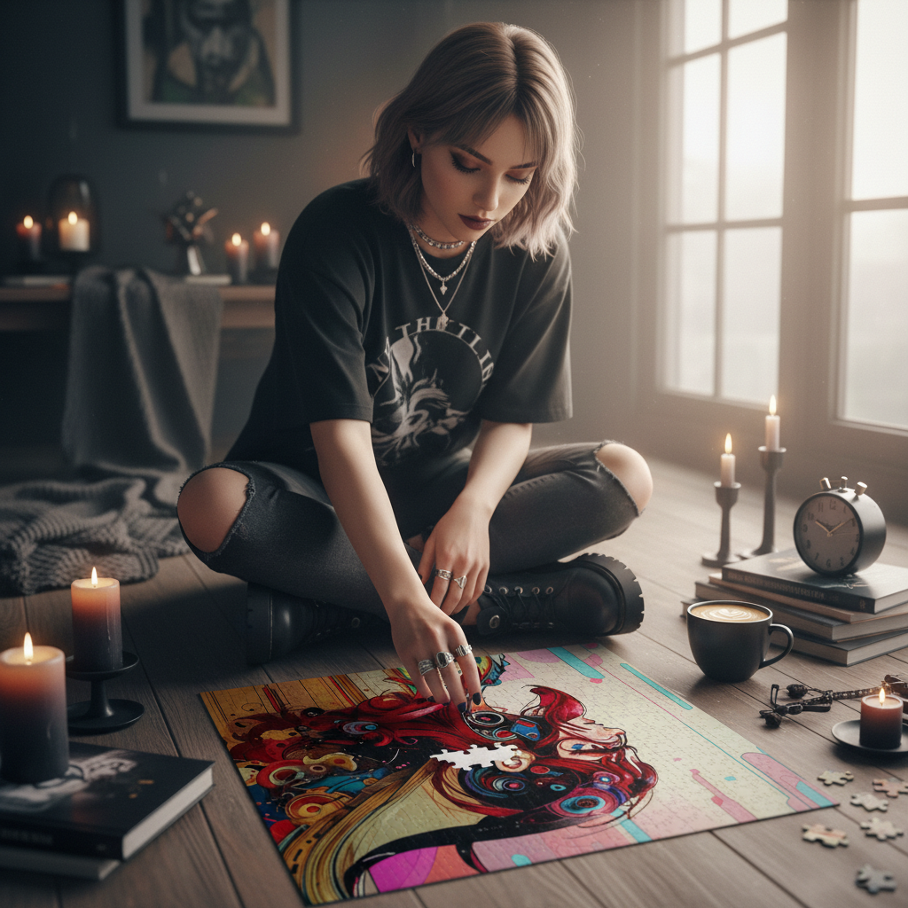 A woman sits cross-legged on a wooden floor in a dimly lit room, assembling a colorful jigsaw puzzle. She wears a black graphic t-shirt, ripped black jeans, and black lace-up boots.