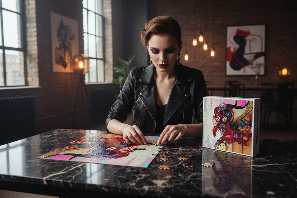 A woman in a black leather jacket sits at a dark marble table, assembling a colorful jigsaw puzzle next to its illustrated box. The background is a stylishly lit modern loft with brick walls and hanging lights.