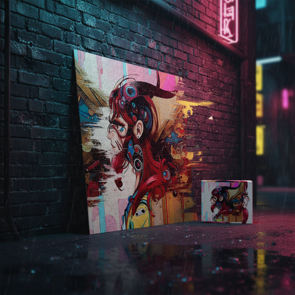 A large colorful abstract portrait painting leans against a dark brick wall in a rainy urban street scene, with a smaller matching artwork placed on the wet pavement nearby.