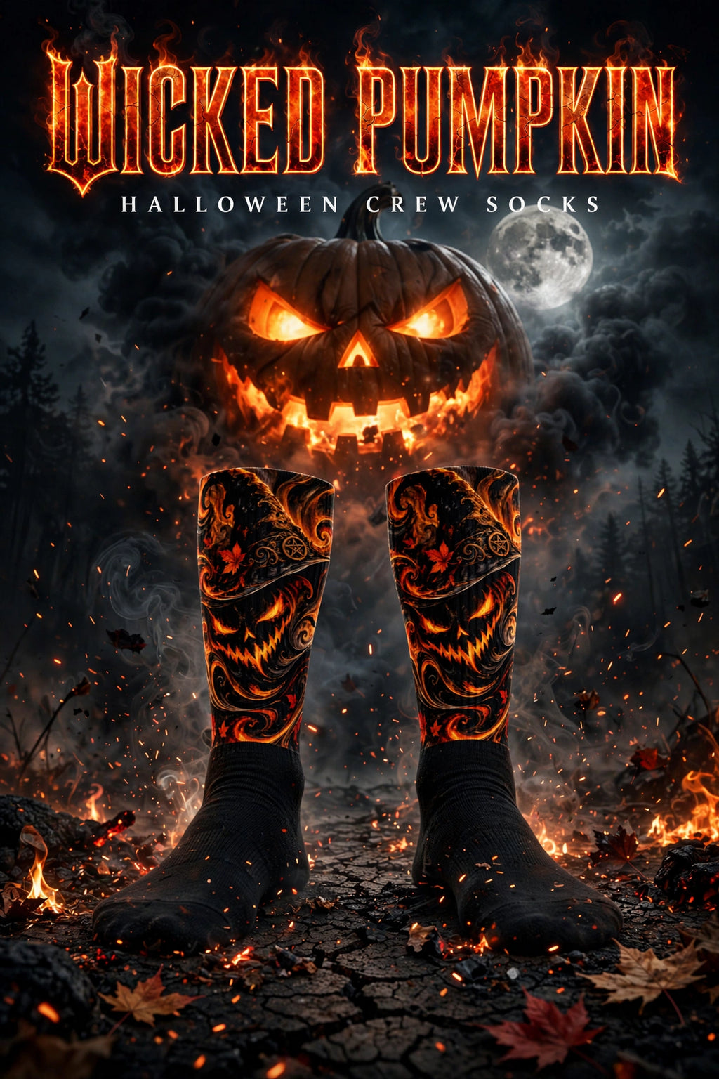 Halloween crew socks featuring a fiery jack-o'-lantern graphic, shown on feet in a dark, smoky forest scene with a glowing full moon and the text 'Wicked Pumpkin Halloween Crew Socks' at the top.