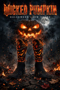 Halloween crew socks featuring a fiery jack-o'-lantern graphic, shown on feet in a dark, smoky forest scene with a glowing full moon and the text 'Wicked Pumpkin Halloween Crew Socks' at the top.