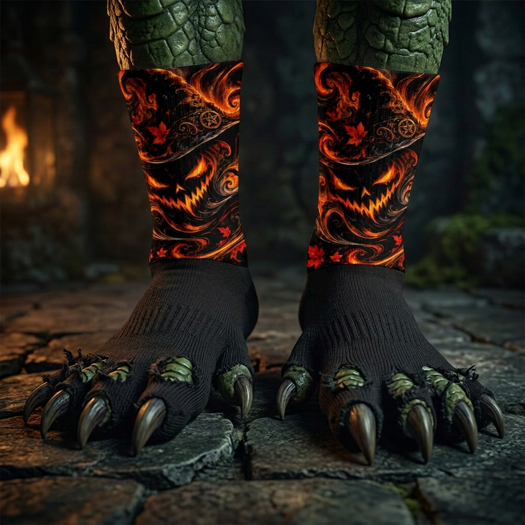 A pair of fantasy-style clawed feet wearing black knit socks with vivid orange, red, and black swirling graphic patterns, standing on stone tiles in a dark, moody environment.