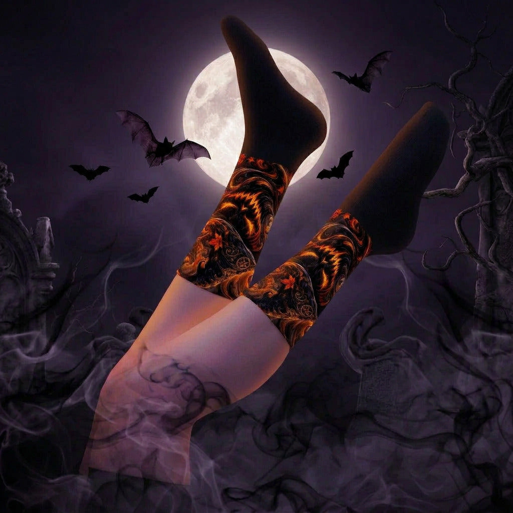 A pair of legs wearing black knee-high socks with a fiery orange and red dragon design, posed against a spooky Halloween background with a full moon, flying bats, and dark gothic ruins..