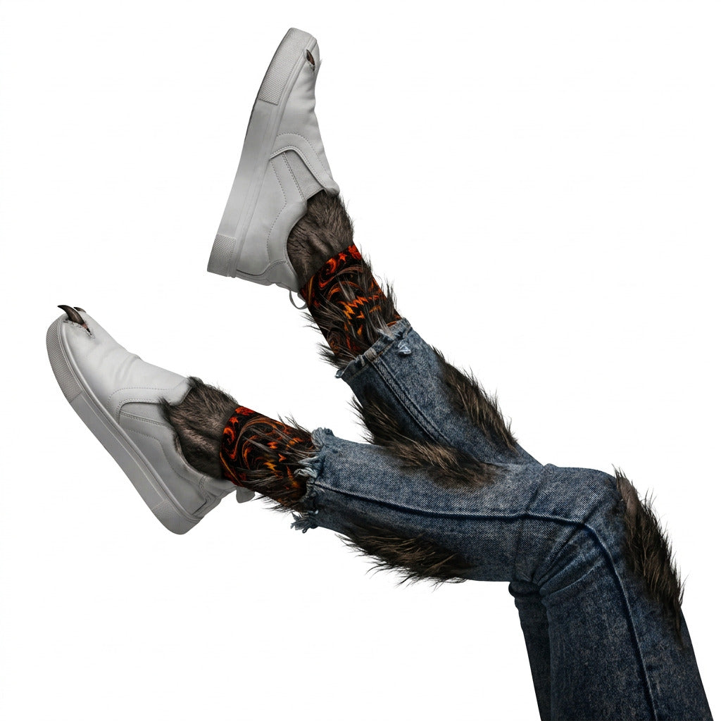 Person wearing red and black patterned socks with white sneakers and blue jeans on a white background.