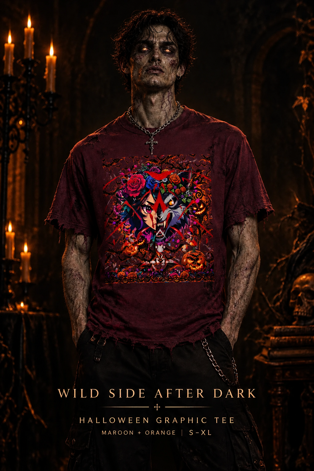 A man wearing a maroon graphic t-shirt with a colorful Halloween design, standing in a dark, gothic room with lit candles.