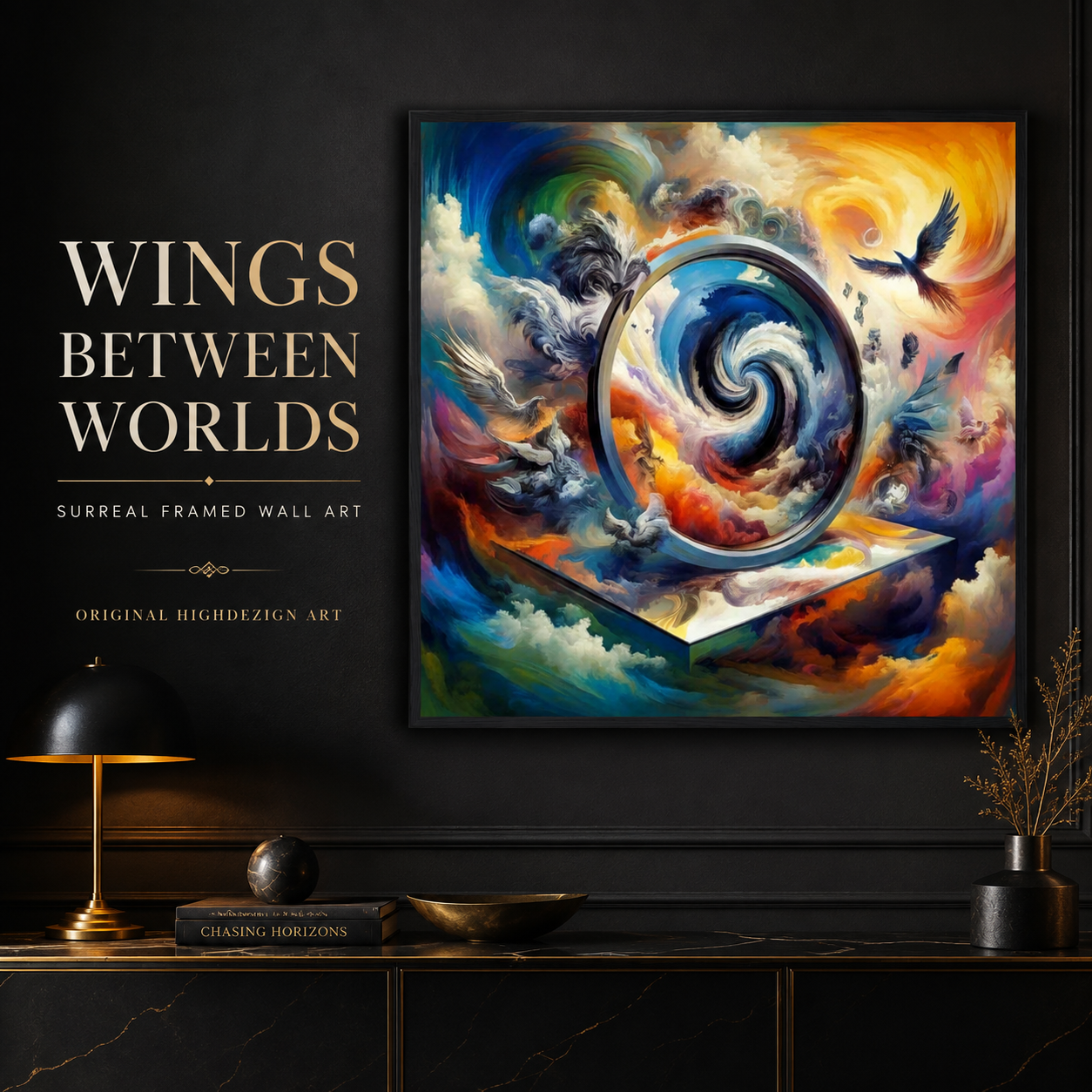Framed wall art titled "Wings Between Worlds" displayed on a dark wall above a console table. The artwork is a surreal painting with a swirling blue and white portal, clouds, birds, and vivid orange, yellow, and teal tones.