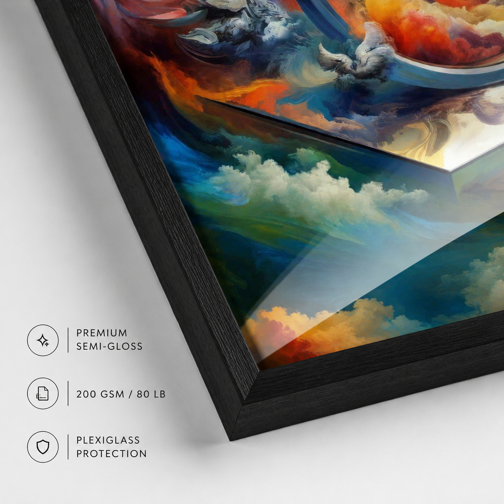 Close-up of a framed wall art print showing a dramatic painted sky and clouds, with a black frame and three feature callouts reading premium semi-gloss, 200 GSM / 80 LB, and plexiglass protection.