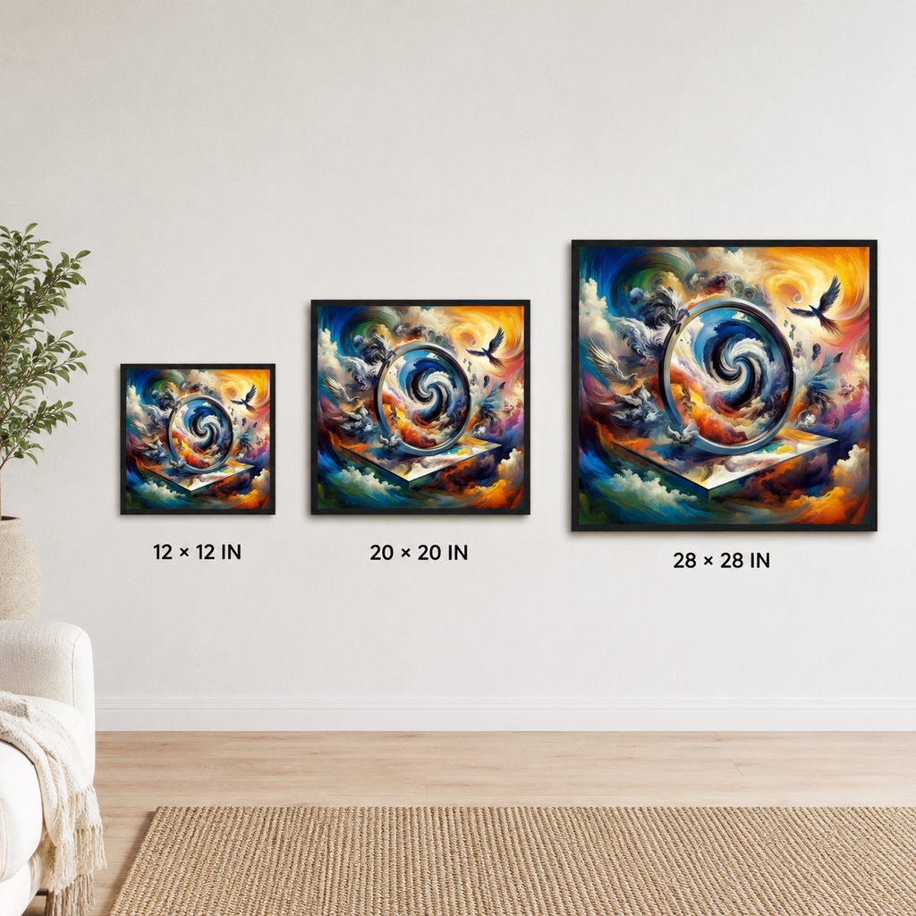 Three framed abstract wall art prints with swirling cosmic designs are displayed in a room setting, labeled 12 x 12 IN, 20 x 20 IN, and 28 x 28 IN. The artwork features vivid blue, orange, yellow, and purple tones, with birds and dramatic clouds around open books.