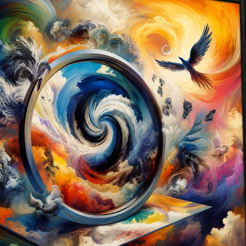 A colorful surreal artwork showing a large circular frame or portal with a swirling vortex inside, surrounded by dramatic clouds, a flying bird, and vivid orange, blue, purple, and red painterly effects.