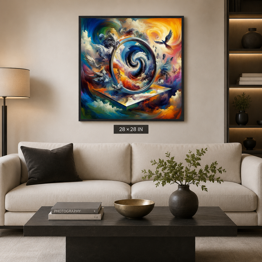 A framed abstract canvas print with a swirling cosmic design in vivid blue, orange, yellow, and purple tones, displayed on a beige wall above a modern white sofa in a styled living room. A small label below the frame reads 28 x 28 IN.
