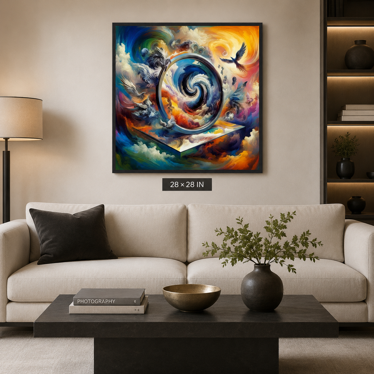 A framed abstract canvas print with a swirling cosmic design in vivid blue, orange, yellow, and purple tones, displayed on a beige wall above a modern white sofa in a styled living room. A small label below the frame reads 28 x 28 IN.