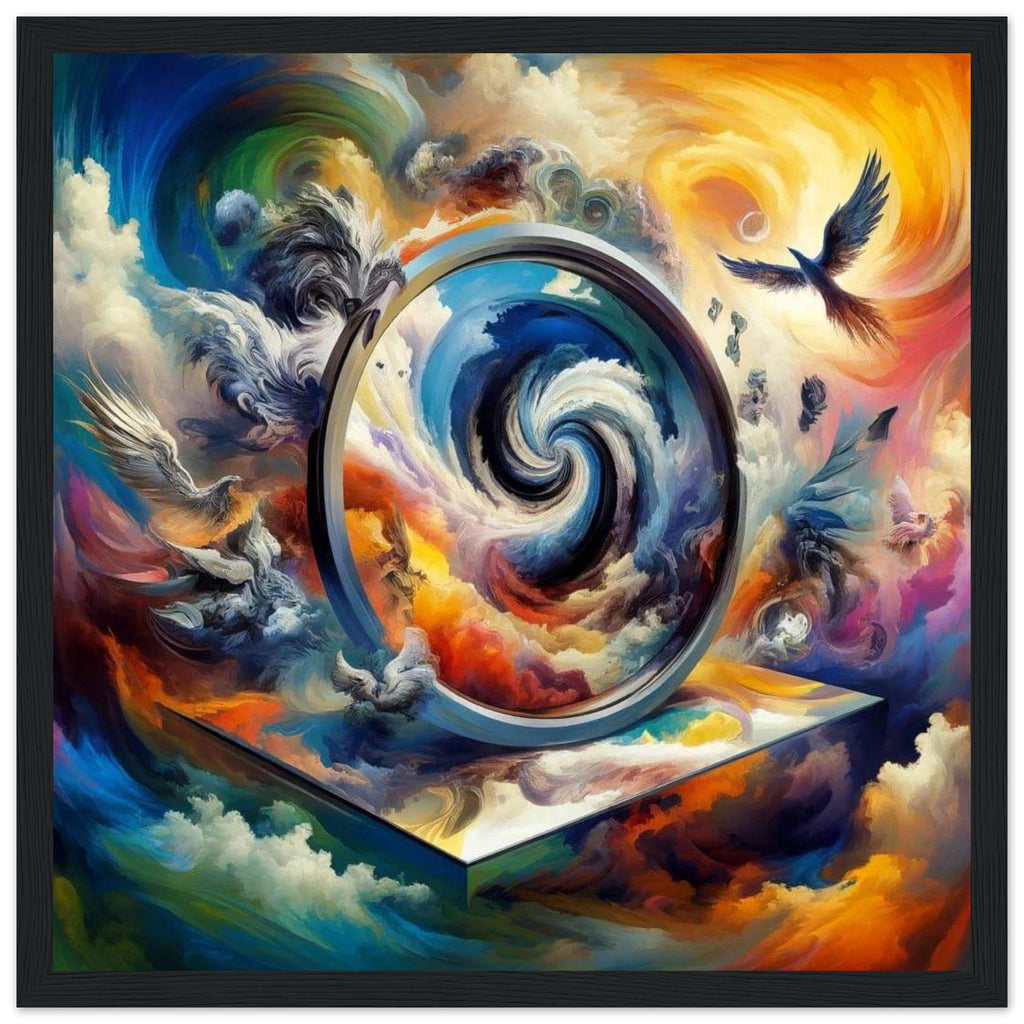 A framed square art print featuring a surreal swirling vortex scene with dramatic clouds, birds, and vivid blue, orange, yellow, purple, and white tones, presented in a black frame against a white background.