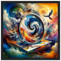 A framed square art print featuring a surreal swirling vortex scene with dramatic clouds, birds, and vivid blue, orange, yellow, purple, and white tones, presented in a black frame against a white background.